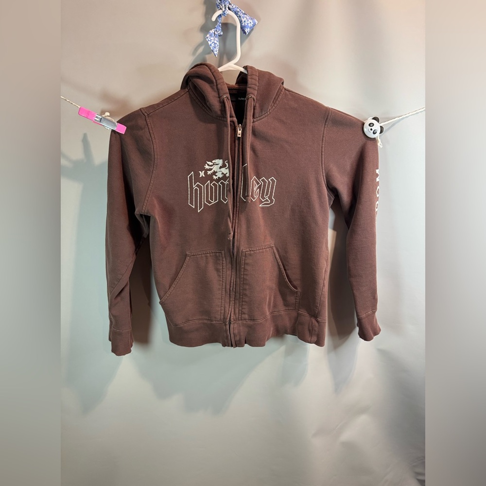 Hurley Hoodie Womens Small Brown Full Zip Y2K Skater Surfer Grunge Biker Sweater